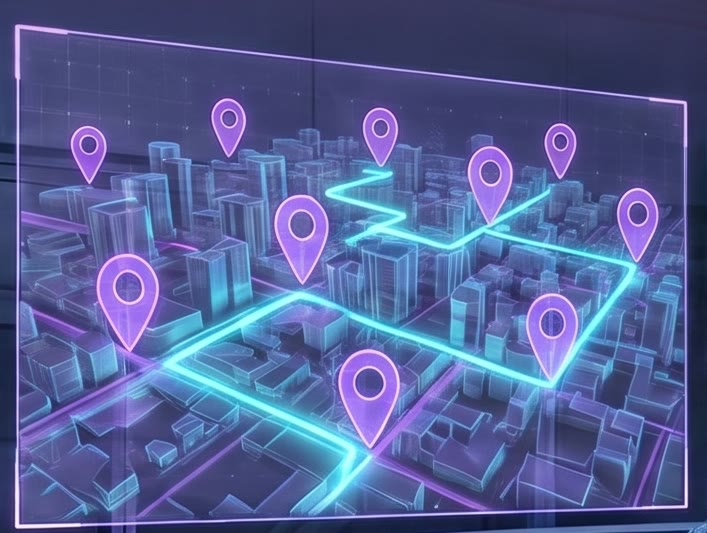 Glowing holographic city map with purple location pins and cyan routes