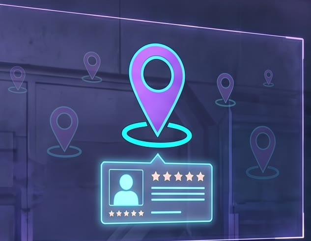 Holographic business profile card with star rating and call and directions buttons