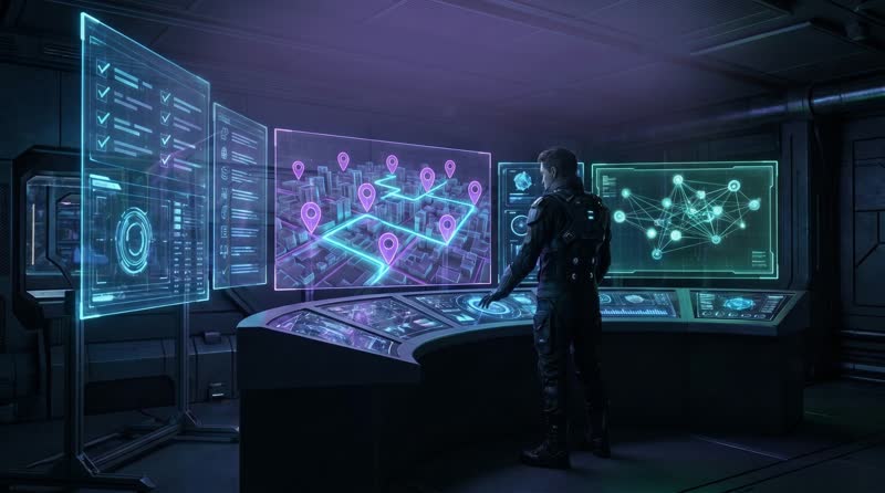 Hologram screen showing a city map with connected location pins