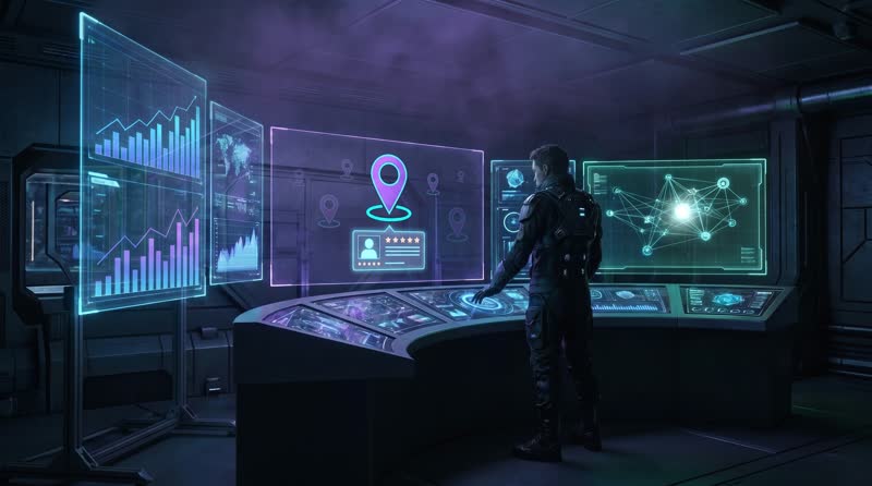 Hologram screen showing one highlighted location pin above a five-star business card