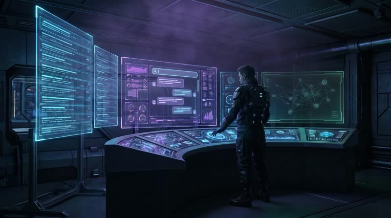Hologram screen showing a search and chat interface
