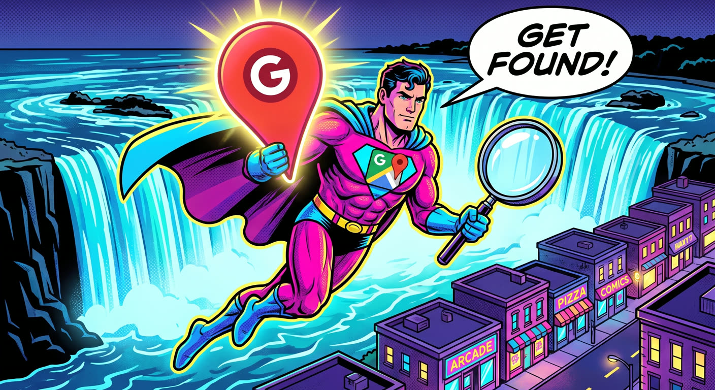 Superhero flying over Niagara Falls carrying a giant map pin