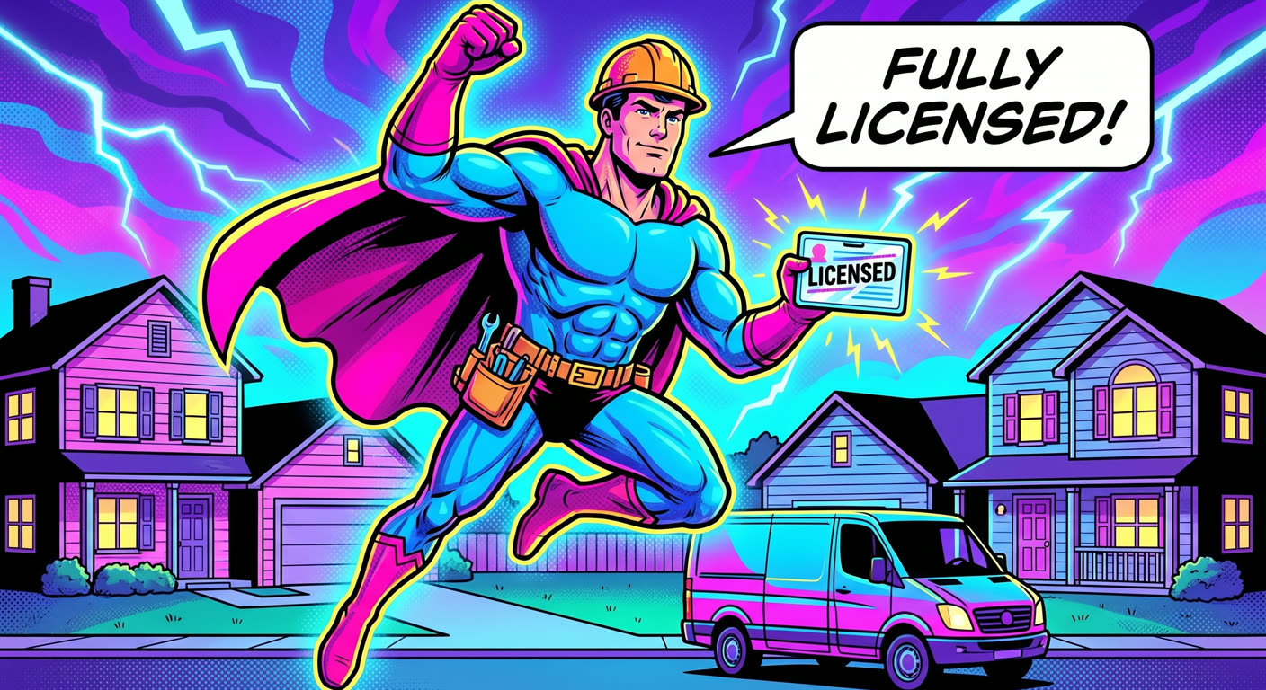 Superhero tradesperson holding a licence badge in front of a service van
