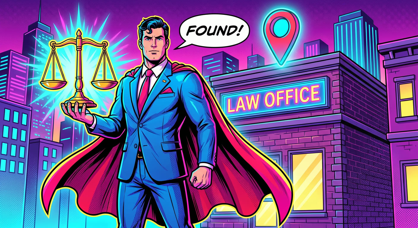 Superhero lawyer holding the scales of justice beside a law office