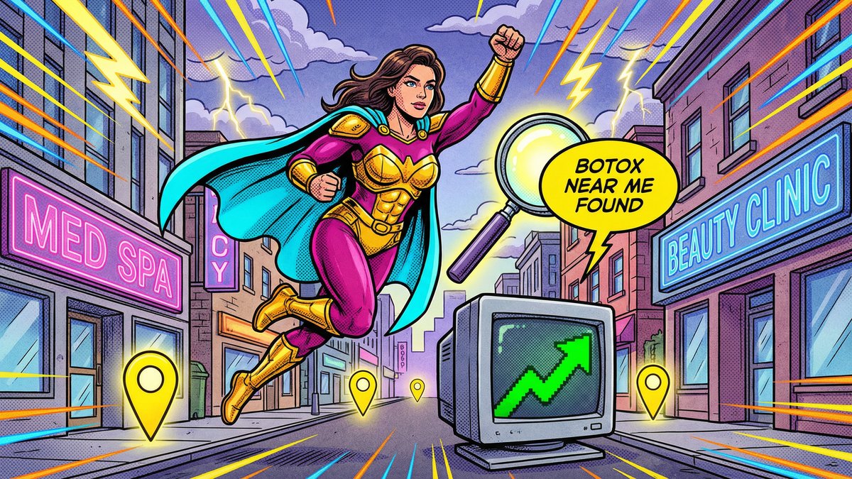 Superhero flying through a city street to find "Botox near me" at a med spa