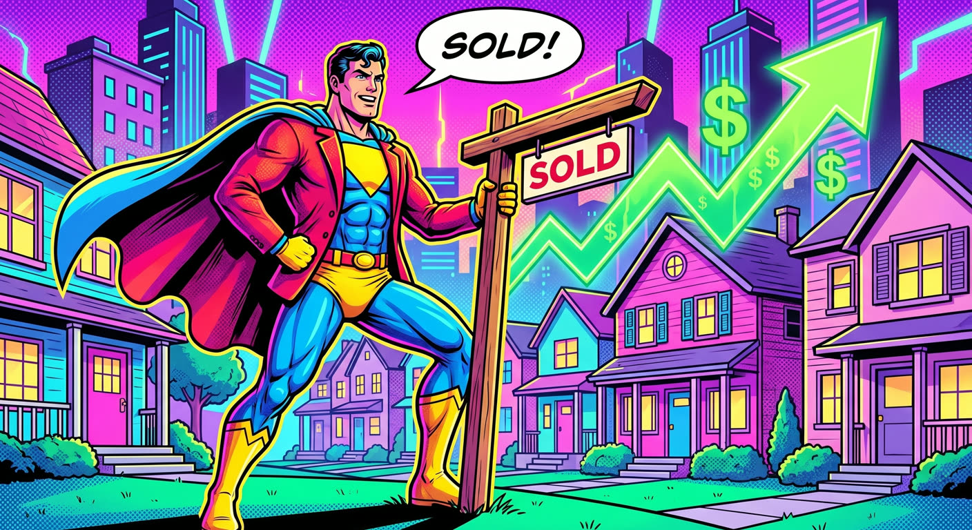 Superhero realtor planting a SOLD sign in front of a row of houses