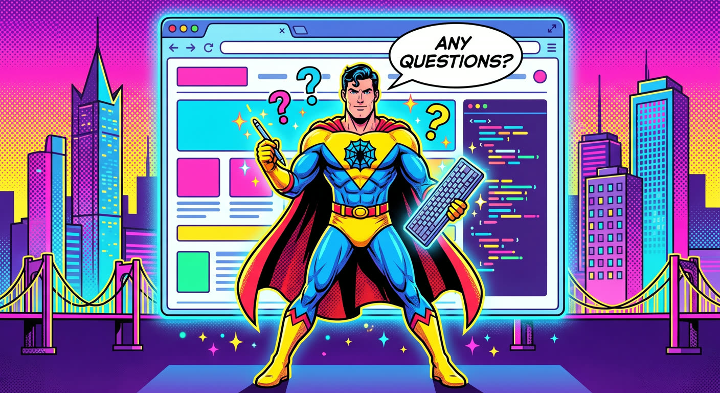 Superhero web designer in front of a website mockup, answering questions