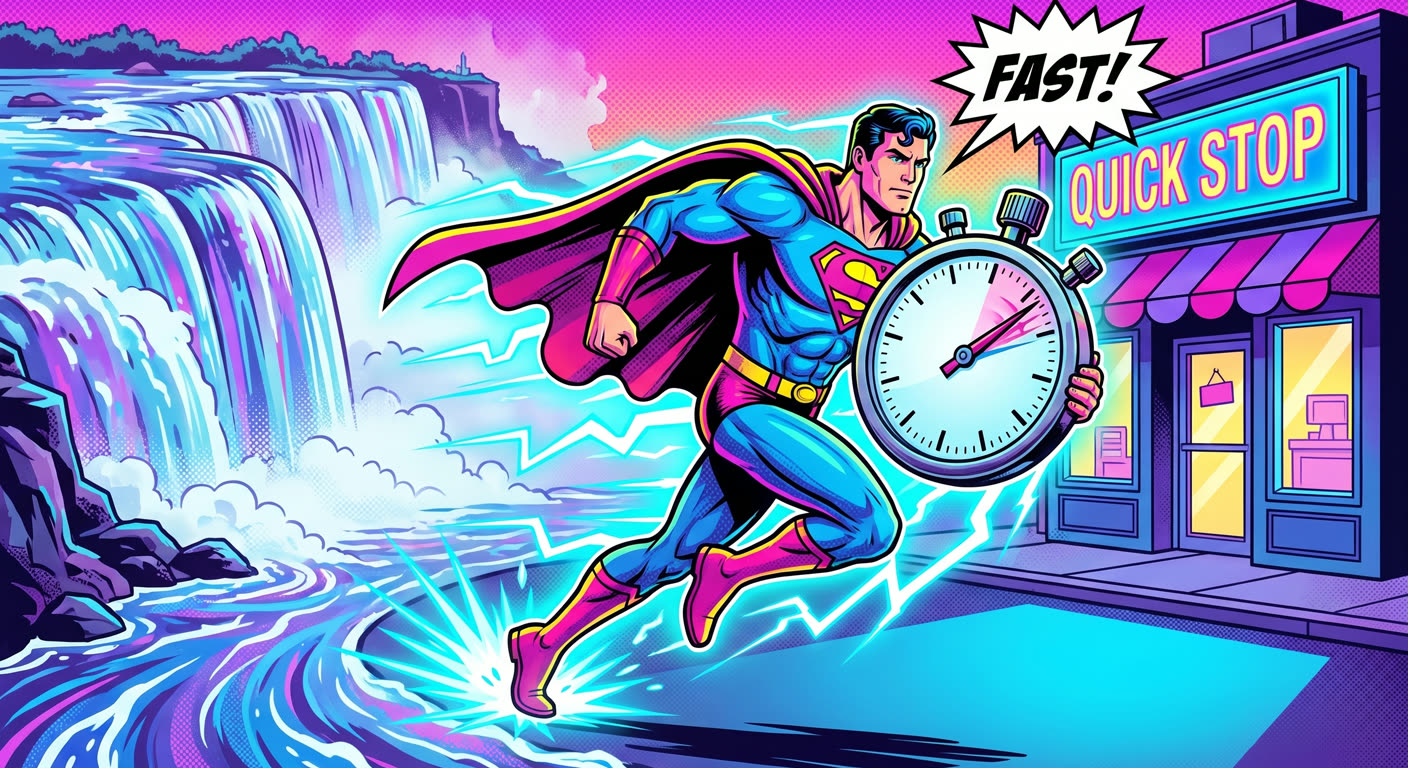 Superhero sprinting past Niagara Falls holding a giant stopwatch