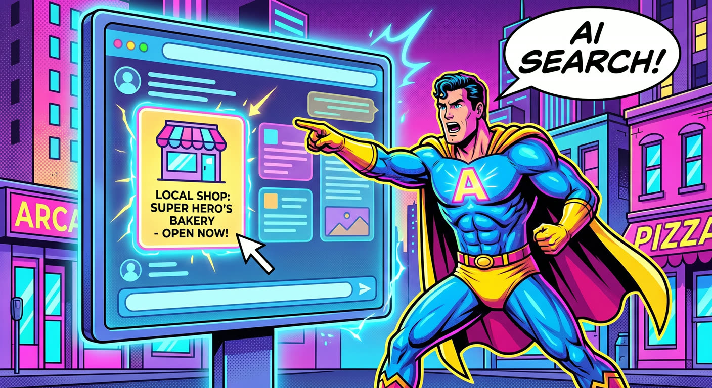 Superhero pointing at a glowing AI search screen that recommends a local shop