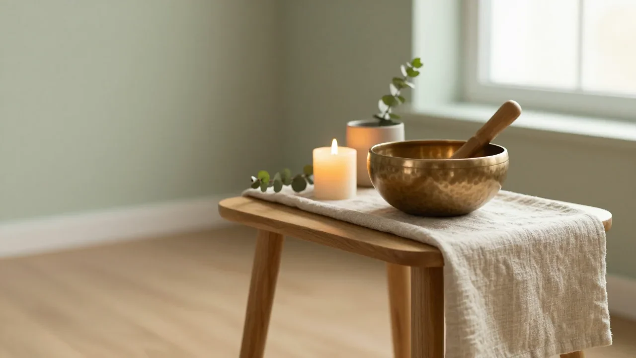 A brass singing bowl, a lit candle and a sprig of eucalyptus on a linen-draped wooden table in a calm, light room.