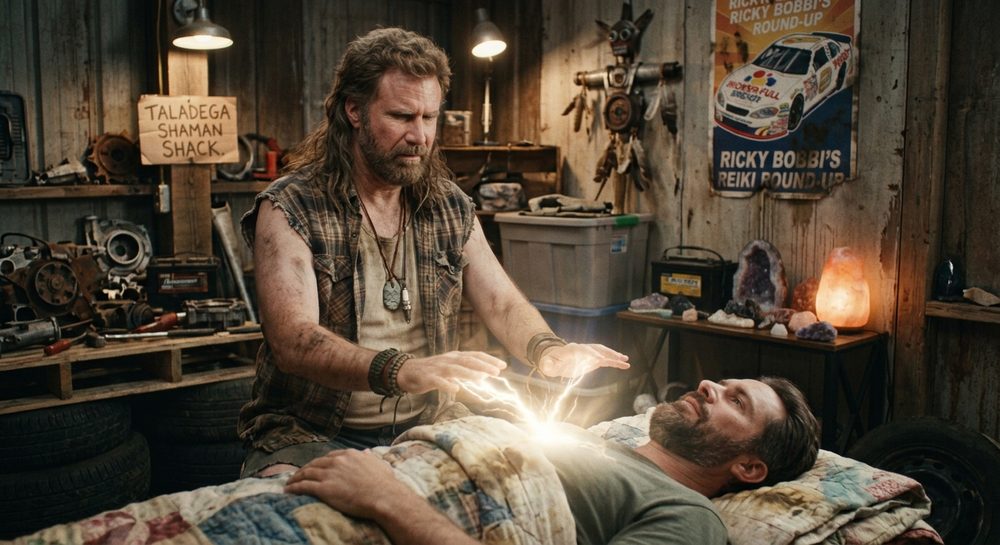 Placeholder image: a joke photo of a man giving reiki in a garage. Replace with a portrait of Caroline.